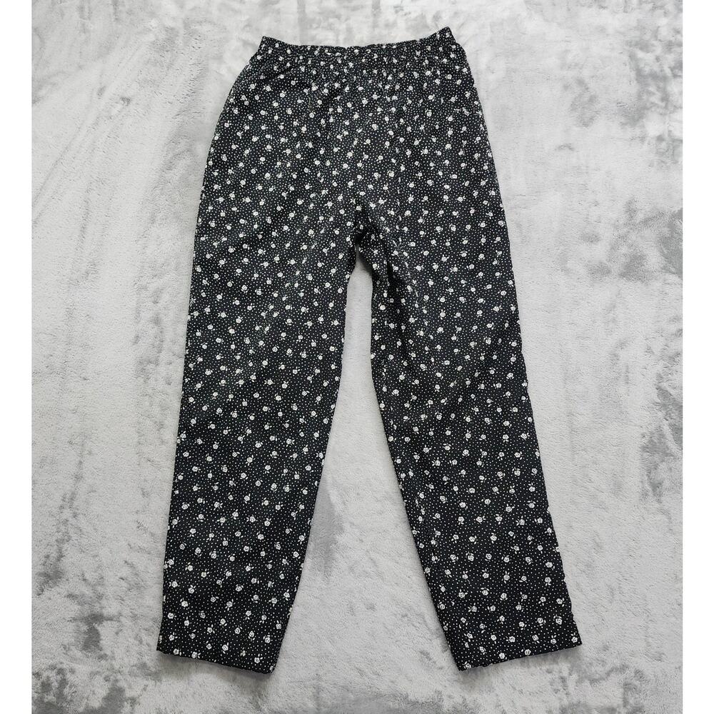 Vintage 70s ACT III Pants Womens 11/12 Black White Floral Pull On Tapered Casual